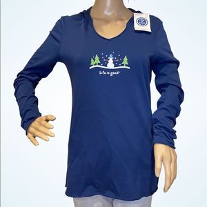 Life is Good Snowman Trees Hoodie Long-Sleeved Tee Shirt T-Shirt Size Small NWT
